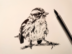Nebla art Andrea Galindo dibujo esfero ave reinita de fuego